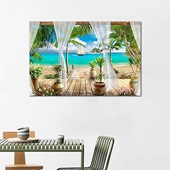 水彩画　夏のインテリア　南国風 Amazon.co.jp: 南国 青い空と海 海の絵画 海の景色 自然 風景画